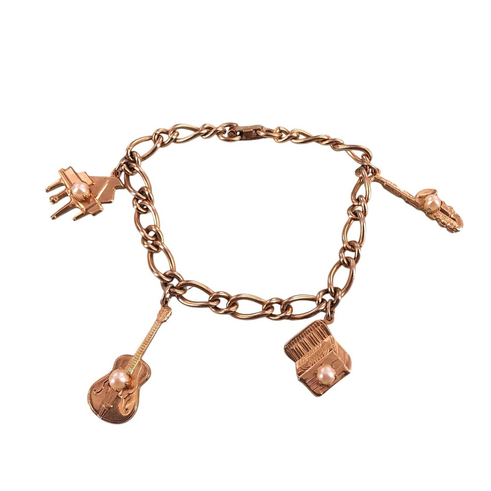 Vintage STAR Musical Instrument Charm Bracelet Gold‎ Tone Faux Pearl